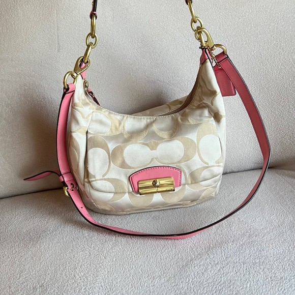 COACH Kristin Signature Large Hobo Tan Jacquard Pink Leather 2 Way Bag - Picture 1 of 11